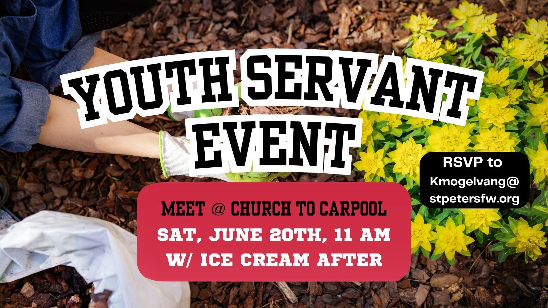Text ad: High school youth meetings. Sundays 6-8pm. Text 'stpfw' to 94000 for alerts. Orange background.