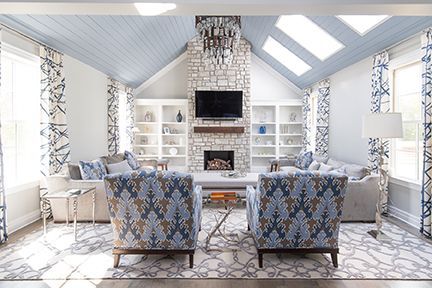 Living room with blue ceiling, stone fireplace, built-ins, blue patterned chairs, light gray sofas and patterned rug.