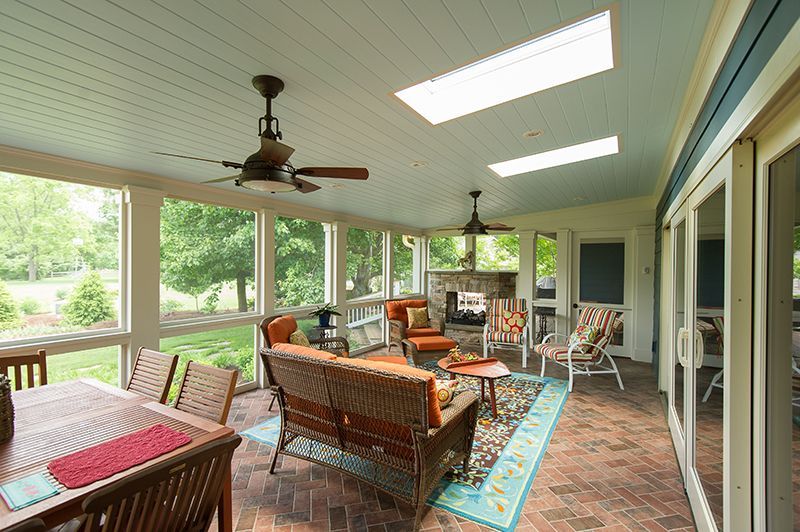 Screened-in porch with wicker furniture, brick floor, fireplace, and skylights; overlooking a green outdoor space.