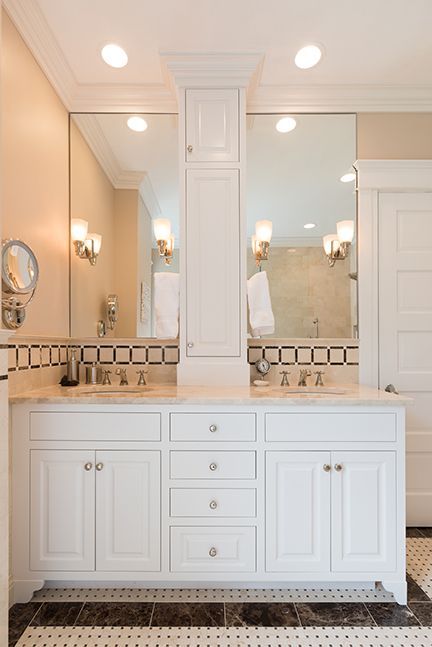 White double bathroom vanity with mirrors, cabinet, and sconces, in a neutral-toned bathroom.