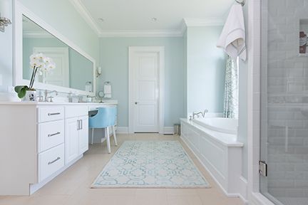 Bright bathroom with white vanity, blue walls, tub, and shower. Light blue rug.