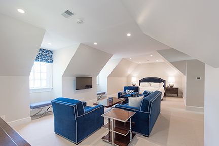 Bright, modern bedroom with blue velvet seating, a bed, and sloped ceilings.