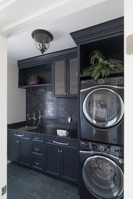 Dark blue laundry room with stacked washer/dryer, cabinets, sink, and decorative plant.