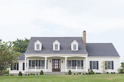 White house with dark shutters and roof, a porch, and green lawn under a cloudy sky.