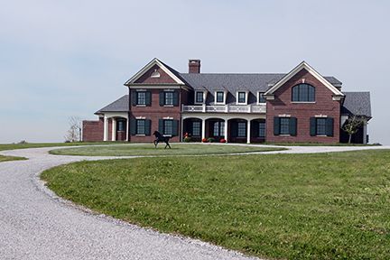 A large, brick house with a winding gravel driveway and green lawn. A dog runs on the lawn.