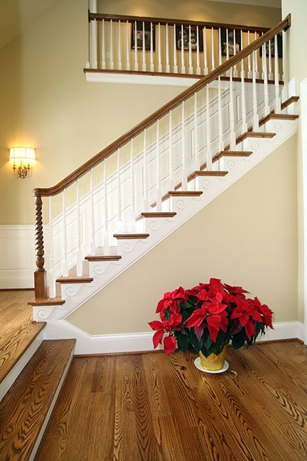 Wooden staircase with white balusters, brown handrail, and a red poinsettia plant.