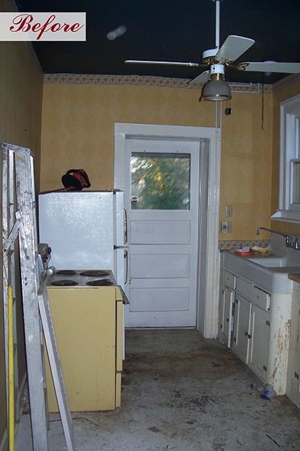 Before: A messy, outdated kitchen with yellow walls, a white refrigerator, and an old stove.