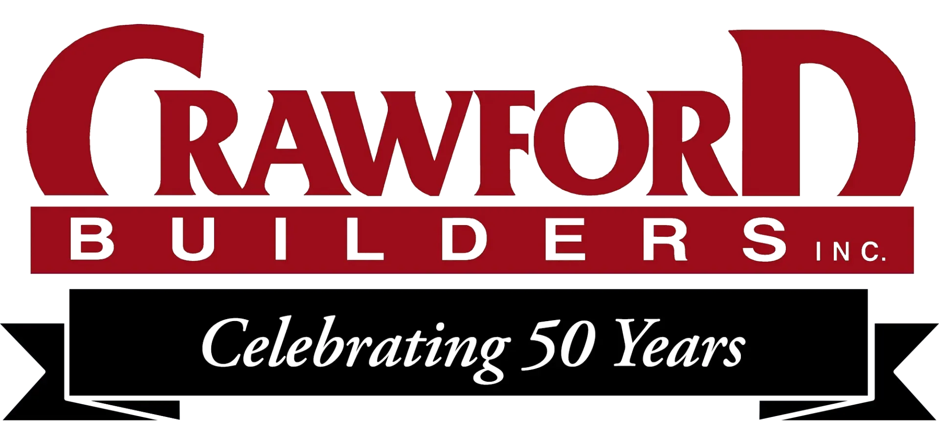 Crawford Builders Inc. logo celebrating 50 years, featuring maroon text on black banner, and white background.