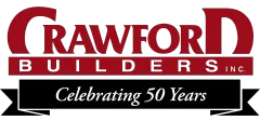 Crawford Builders Inc. logo celebrating 50 years, featuring maroon text on black banner, and white background.