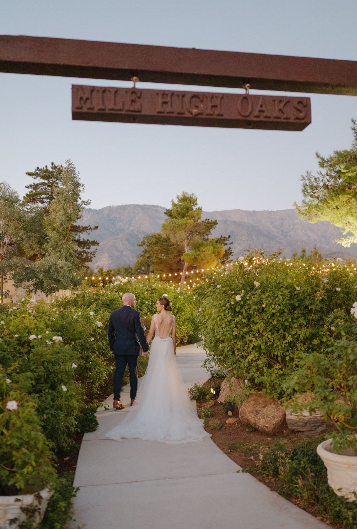 Dan and Tyler Photography A bride and groom are walking down a path under market lights.