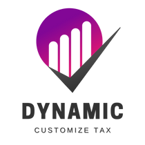 a logo for dynamic customize tax with a purple heart and a check mark . 