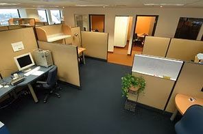 Office cubicles with desks, computers, and a hallway with open doors. Dark blue carpet.