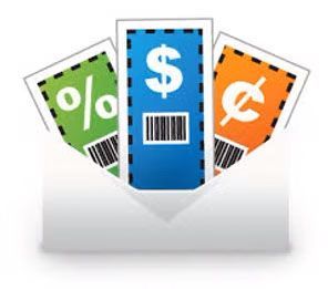 Coupons for discounts: percentage, dollar amount, and cents emerge from an envelope.