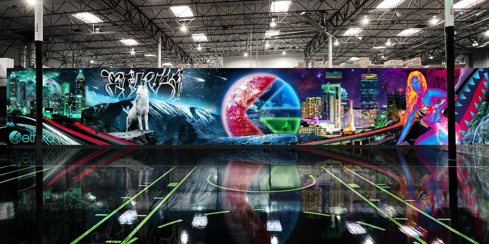 There is a large mural on the wall of a building.