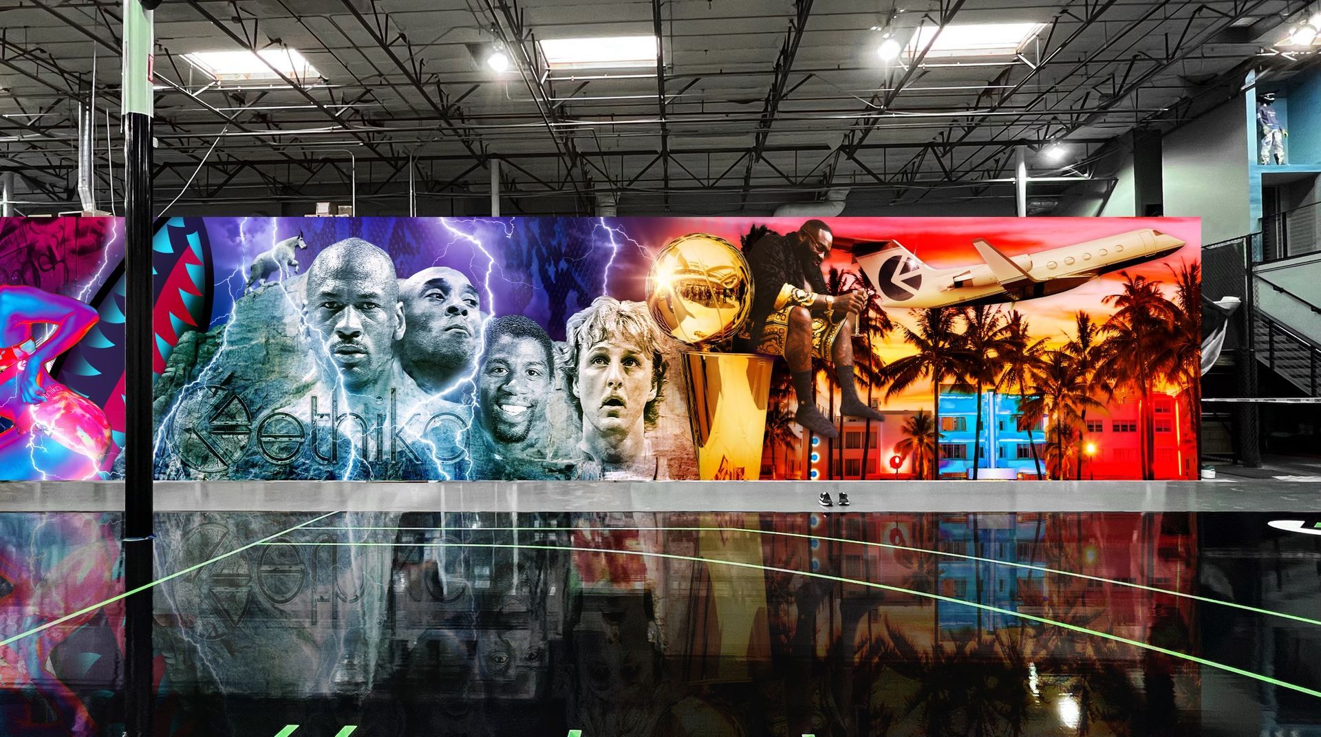 There is a large mural on the wall of a building.