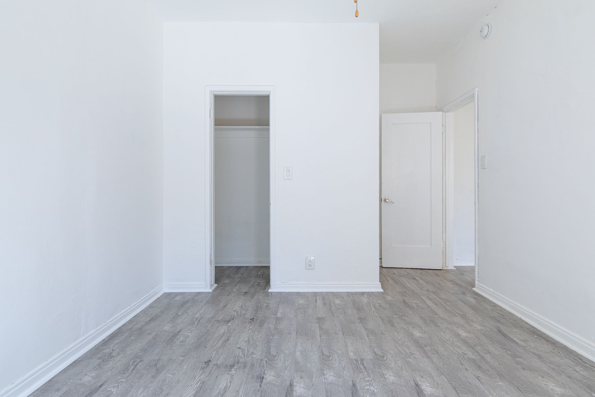 Empty room with white walls, closet, and light gray wood-look flooring. A door is visible in the background.