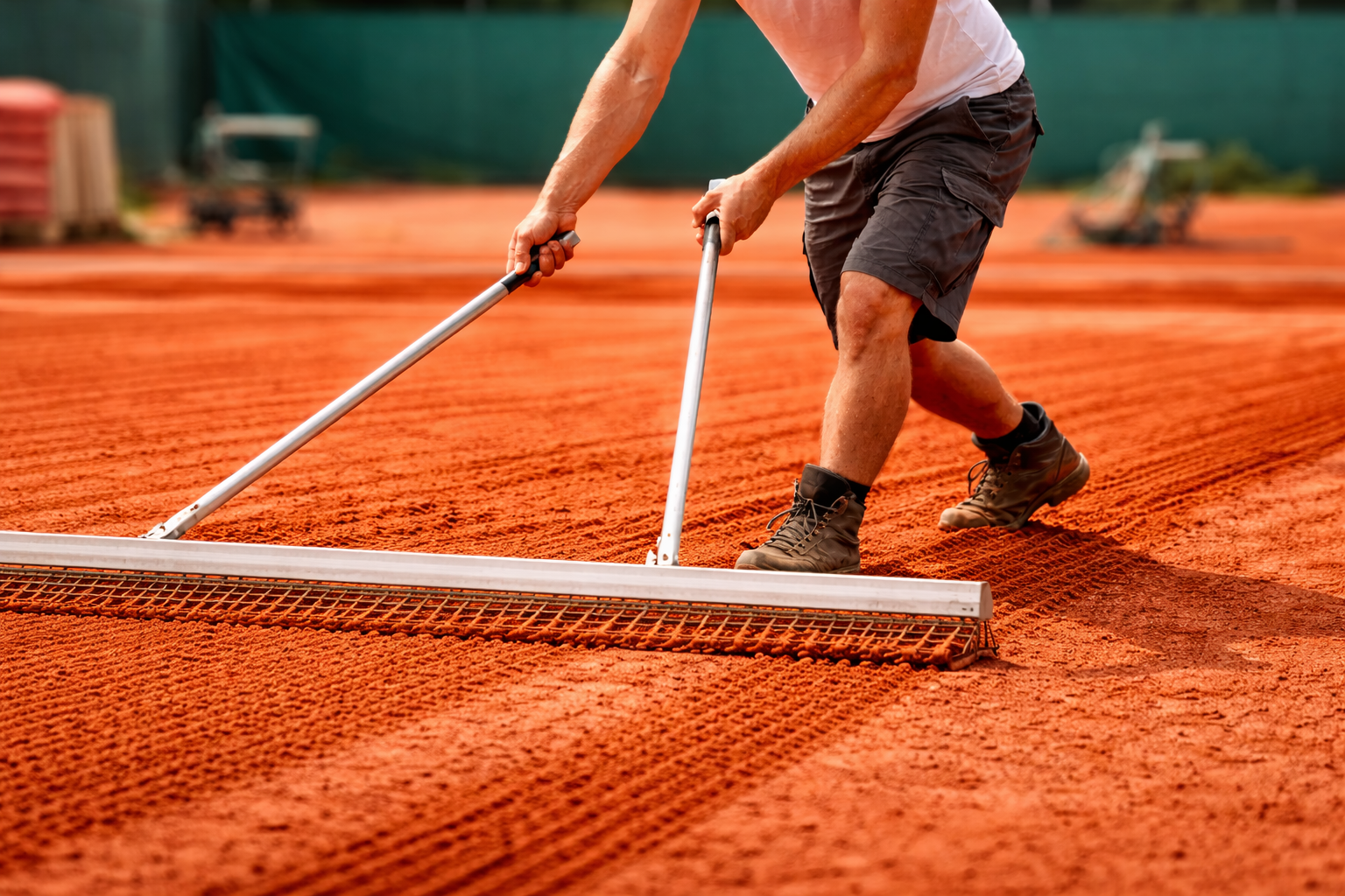 Una persona utilizza un tappeto di livellamento appesantito per spianare e uniformare la superficie di un campo da tennis in terra battuta rossa.