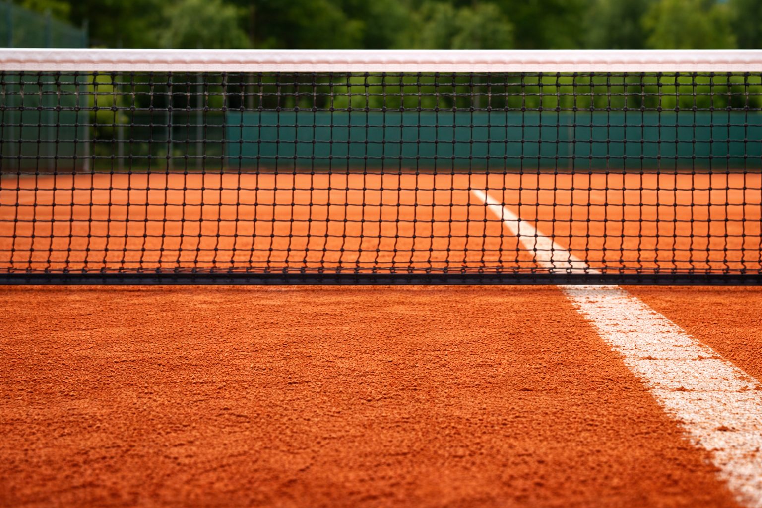 Un primo piano di una rete da tennis che si estende su un campo in terra battuta, con una linea di confine bianca sulla superficie arancione.