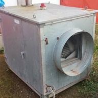 Un ventilatore industriale in acciaio zincato con bocchetta di ventilazione circolare, posizionato all'aperto sull'erba.