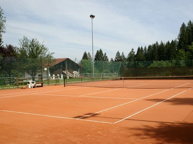 Un campo da tennis in terra battuta rossa con linee di confine bianche, circondato da una recinzione a rete metallica, alberi e un edificio sullo sfondo.
