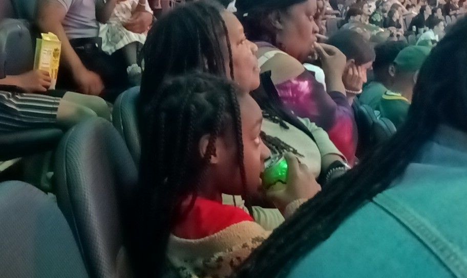 A group of people are sitting in a theater watching a show