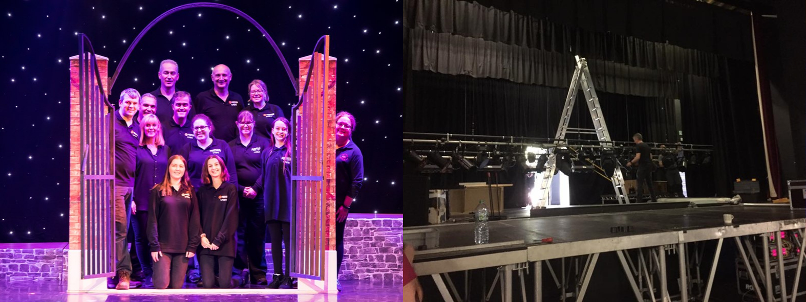 split image. left hand side image of stage crew, right hand side stage being built