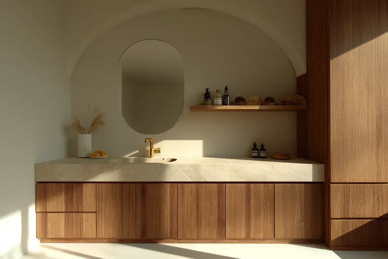 Bathroom with wooden cabinetry, marble countertop, oval mirror, arched wall, and shelving with toiletries.