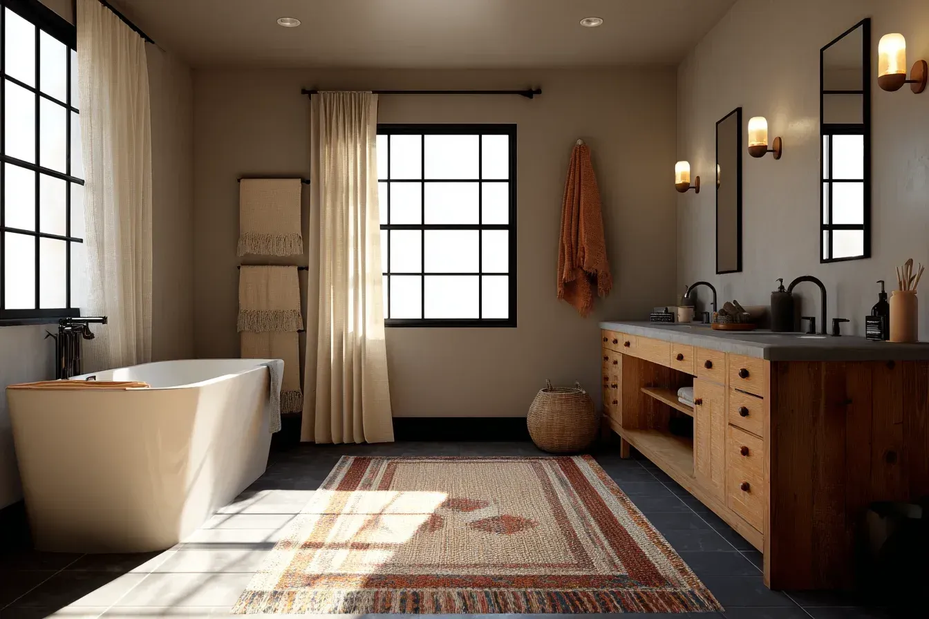 Bathroom with double sinks, wooden cabinets, tub, and large window.