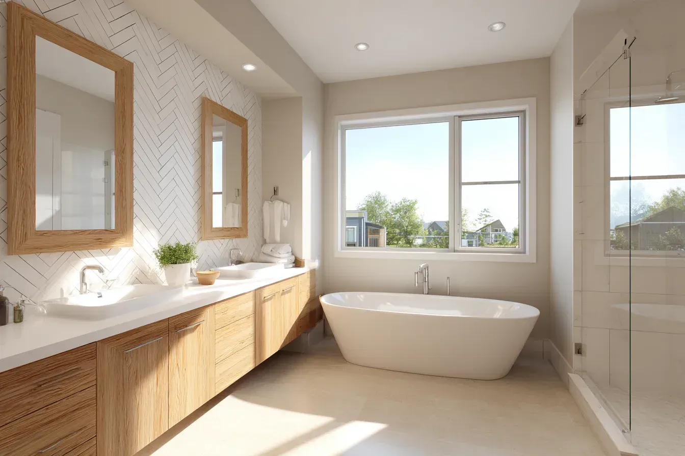 Bathroom with wooden vanities, white tub, and large window.