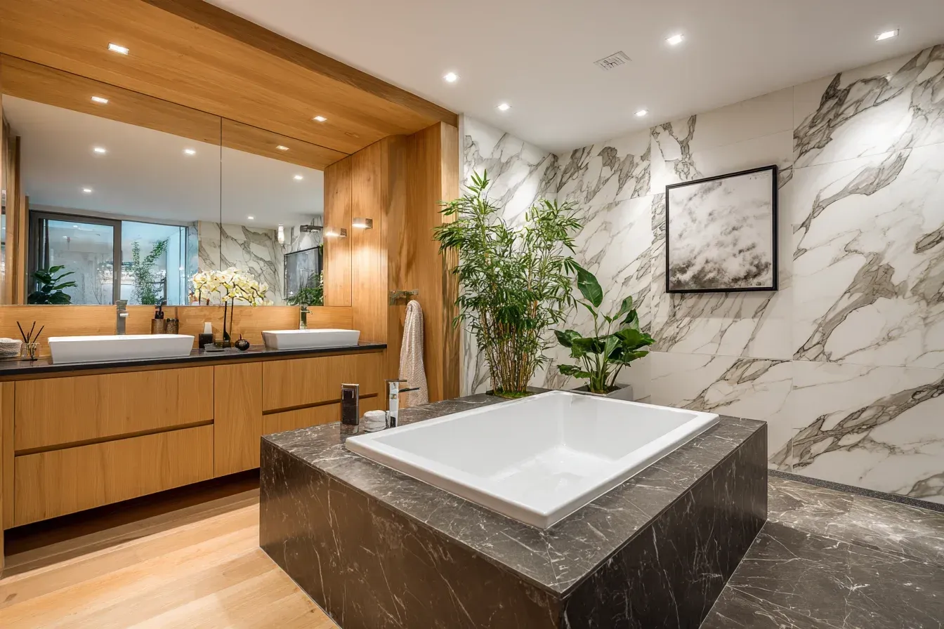 Modern bathroom with freestanding tub, wooden vanity, and tiled shower.