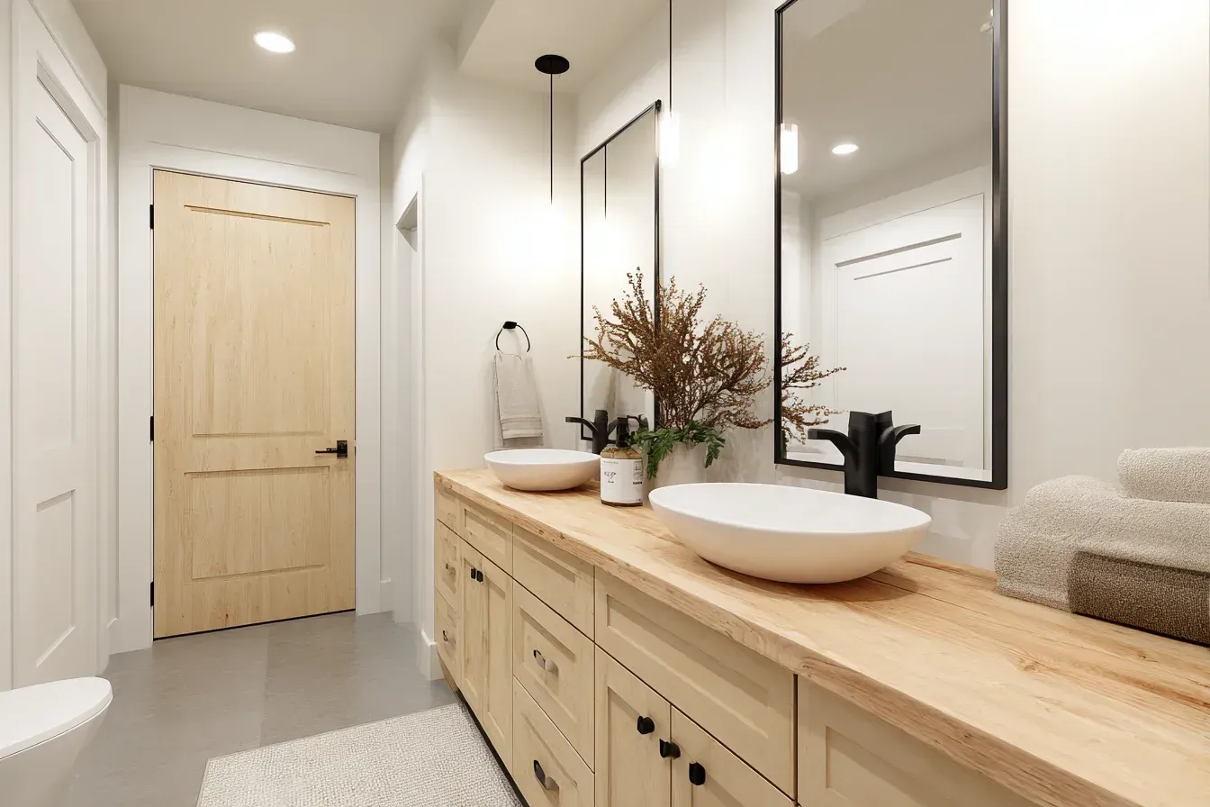 A Vancouver remodel with a quartz vanity surface, undermount sink, and brushed-nickel faucets. Porcelain tile flooring improves durability and moisture resistance. Installed by professional Metro Vancouver renovation specialists.
A contemporary Vancouver bathroom redesign featuring mosaic tile accents, matte fixtures, and a large frameless mirror. Ambient lighting enhances daily functionality. Completed by certified bathroom remodeling experts.