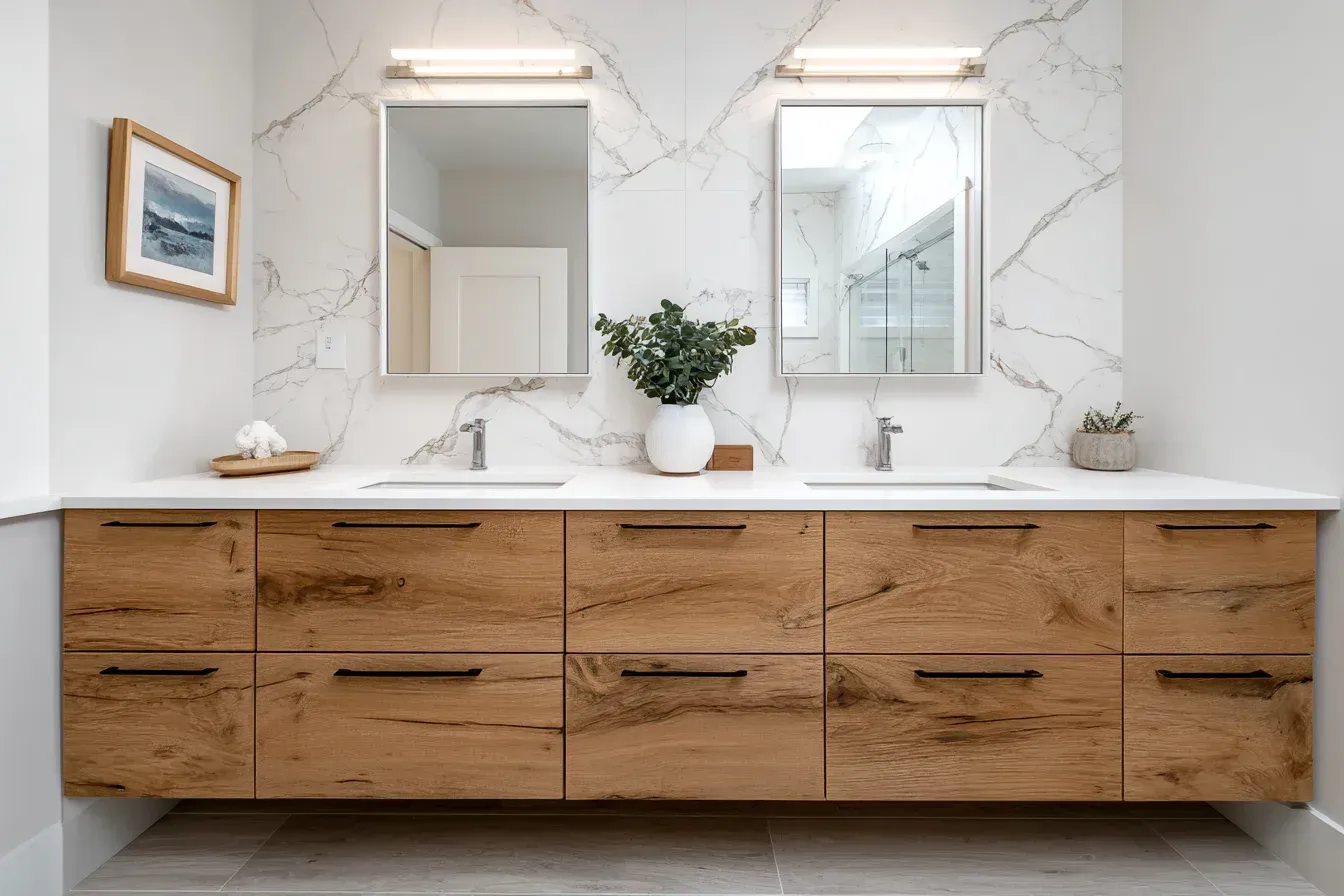 A Vancouver bathroom remodel showcasing tile-wrapped walls, backlit shelving, and contemporary plumbing work. Frameless entry glass enhances spatial flow. Completed by aggressive Metro Vancouver renovation pros.
A Vancouver bathroom renovation featuring polished tiles, floating drawers, and energy-efficient fixtures. LED lighting elevates modern design. Installed by certified renovation specialists.