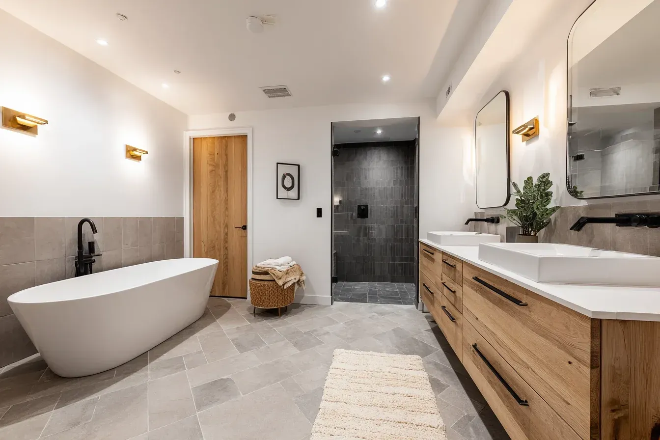 A Vancouver bathroom renovation featuring quartz shelving, upgraded plumbing lines, and modern vanity lighting. Porcelain wall tiles deliver long-term durability. Installed by licensed renovation teams.
A Vancouver bathroom remodeling project with stone-look tile flooring, frameless shower glass, and polished chrome fixtures. Neutral colors maintain a sophisticated aesthetic. Completed by experienced renovation specialists.