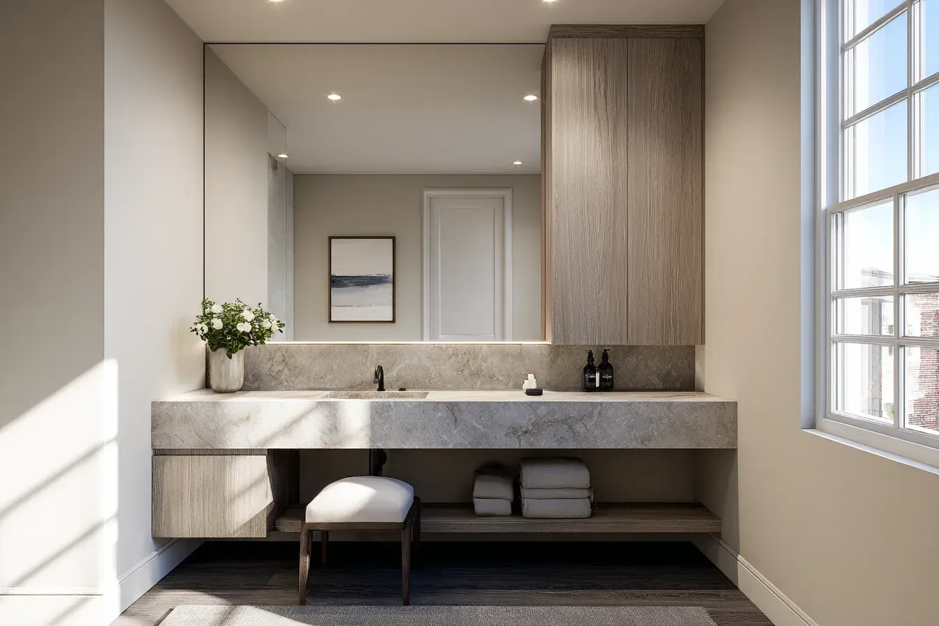 A Vancouver bathroom makeover featuring large slab tiles, rainfall shower hardware, and minimalist lighting. Frameless glass strengthens the modern aesthetic. Completed by professional bathroom contractors.
A Vancouver bathroom renovation with eco-efficient fixtures, ceramic flooring, and backlit mirrors. Quartz counters add upscale refinement. Installed by certified bathroom remodel experts.
A Vancouver bathroom upgrade featuring custom shelving, polished tiles, and LED-integrated mirrors. Frameless entry glass intensifies the clean modern look. Completed by aggressive renovation specialists.