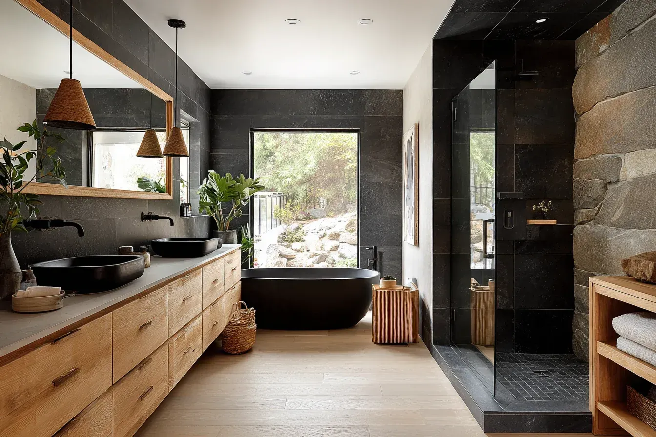 A Vancouver bathroom remodel with quartz slab walls, updated drains, and smart fixture upgrades. Frameless glass enhances brightness and openness. Completed by trusted bathroom remodel teams.
A Vancouver bathroom renovation with heated porcelain floors, wall-mounted sinks, and LED lighting. Stone backsplash adds texture and visual richness. Installed by expert contractors.