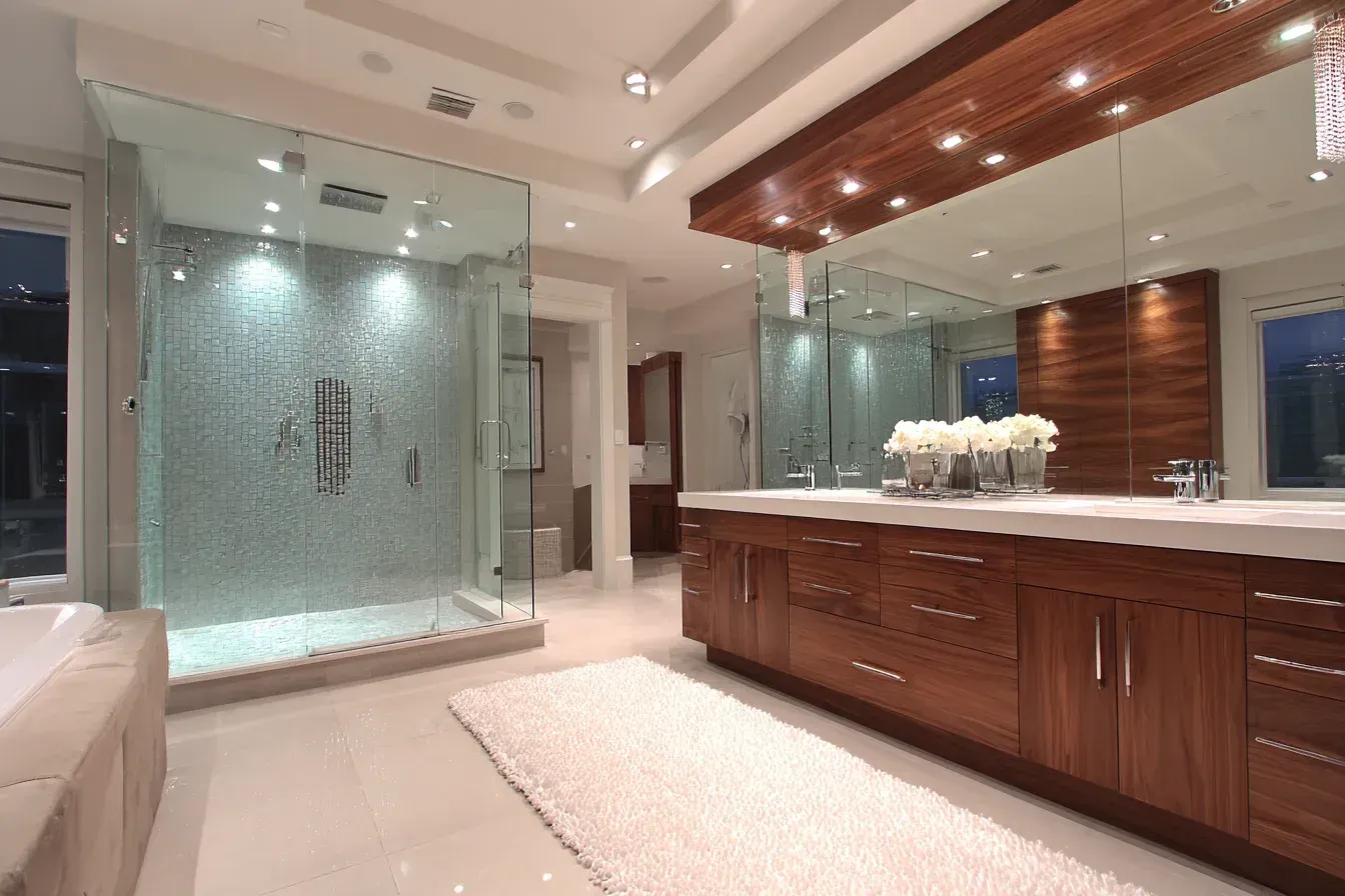 A Vancouver ensuite remodel with a double-sink vanity, stone flooring, and glass shower enclosure. Neutral tones create a peaceful environment. Installed by expert renovation teams.
A Vancouver bathroom update with slip-resistant tiles, modern faucets, and improved lighting. The updated layout enhances bathroom comfort. Completed by trusted Metro Vancouver remodelers.
A Vancouver bathroom renovation showcasing full-height tilework, quartz counters, and slim-profile mirrors. Sleek fixtures complement the modern design. Installed by trusted local contractors.