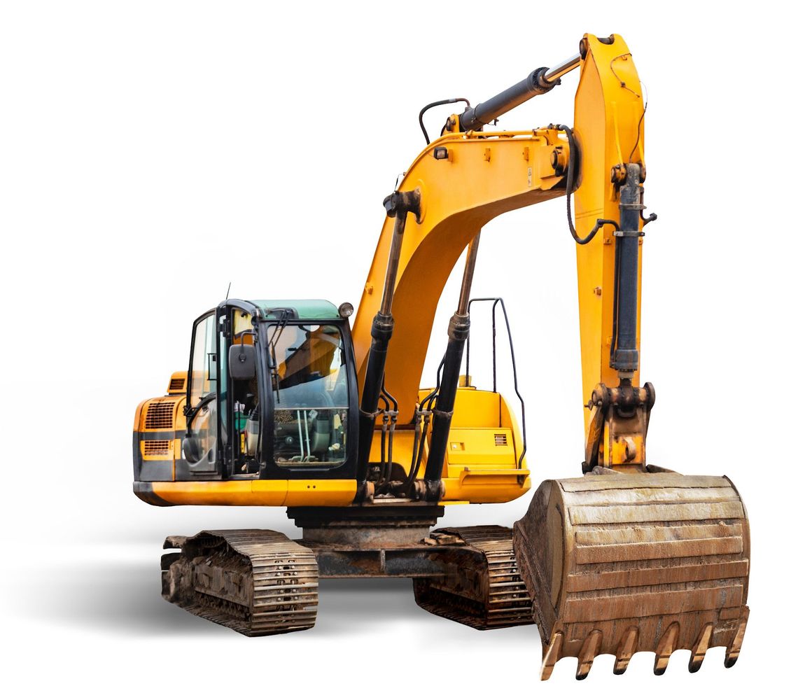 A yellow excavator with a wooden bucket on a white background.