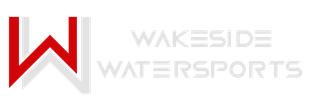a red and white logo for wakeside water sports