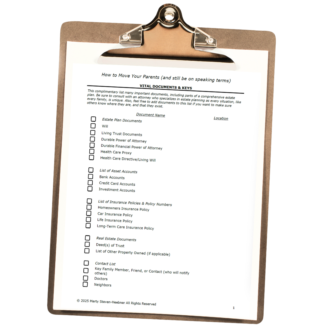 A clipboard with a piece of paper on it shows Marty Stevens-Heebner's freebie for newsletter subscribers