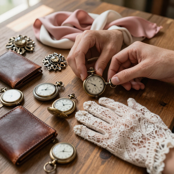 Hands arranging vintage pocket watches, lace gloves, and wallets on a wooden table