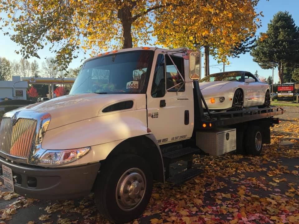 A white tow truck with a car on the back is parked in front of a tree.