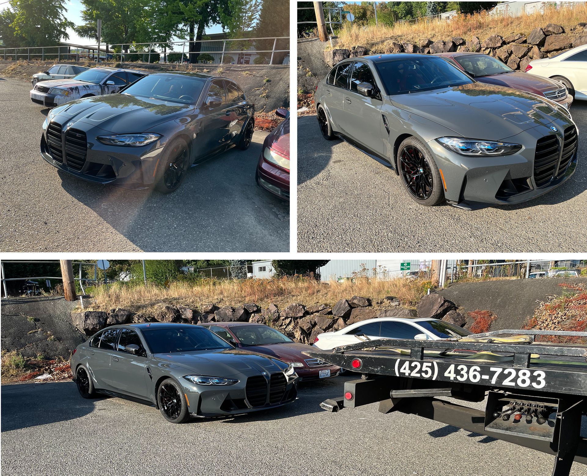 A bmw m4 is being towed by a tow truck.