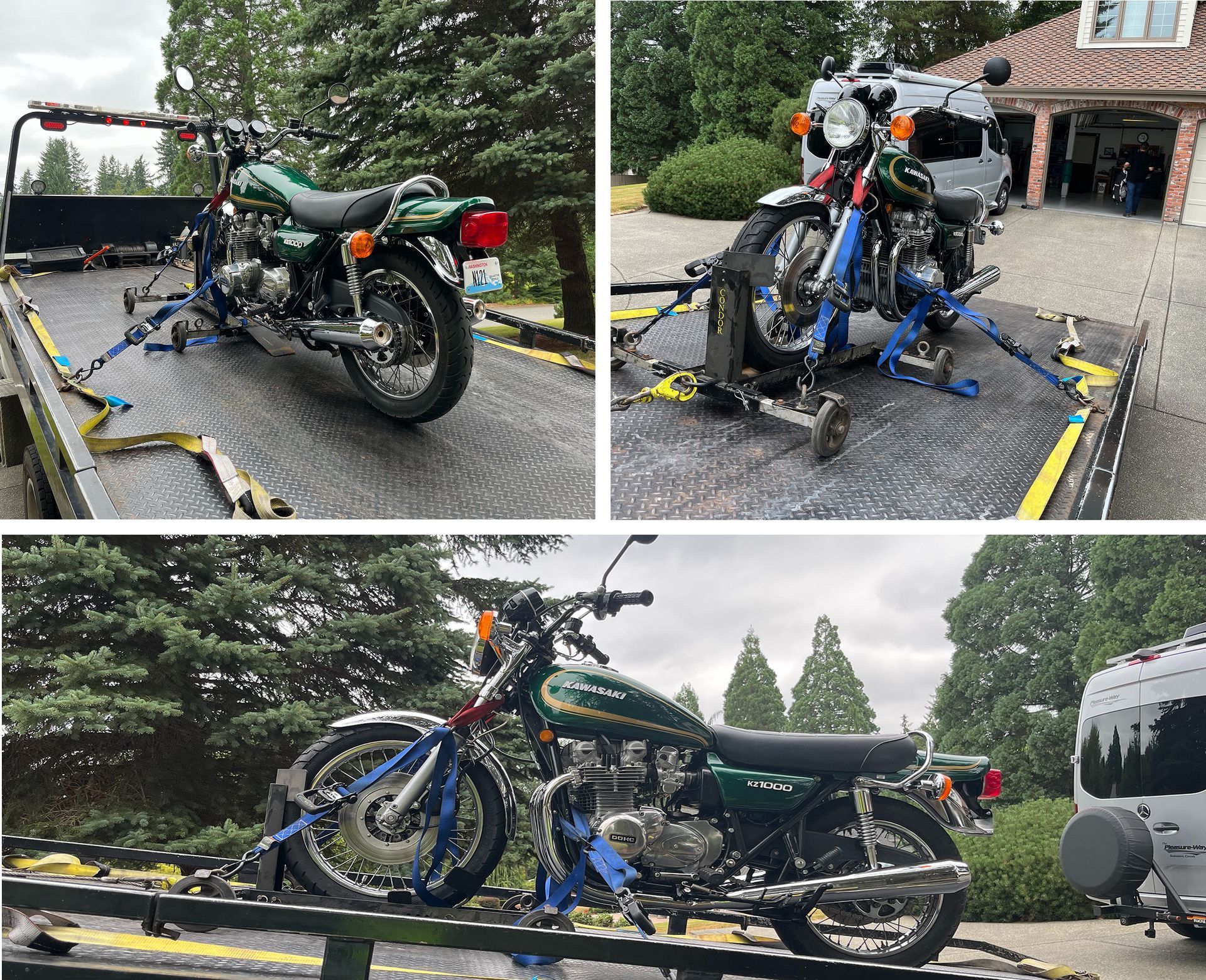 A motorcycle is sitting on top of a tow truck.