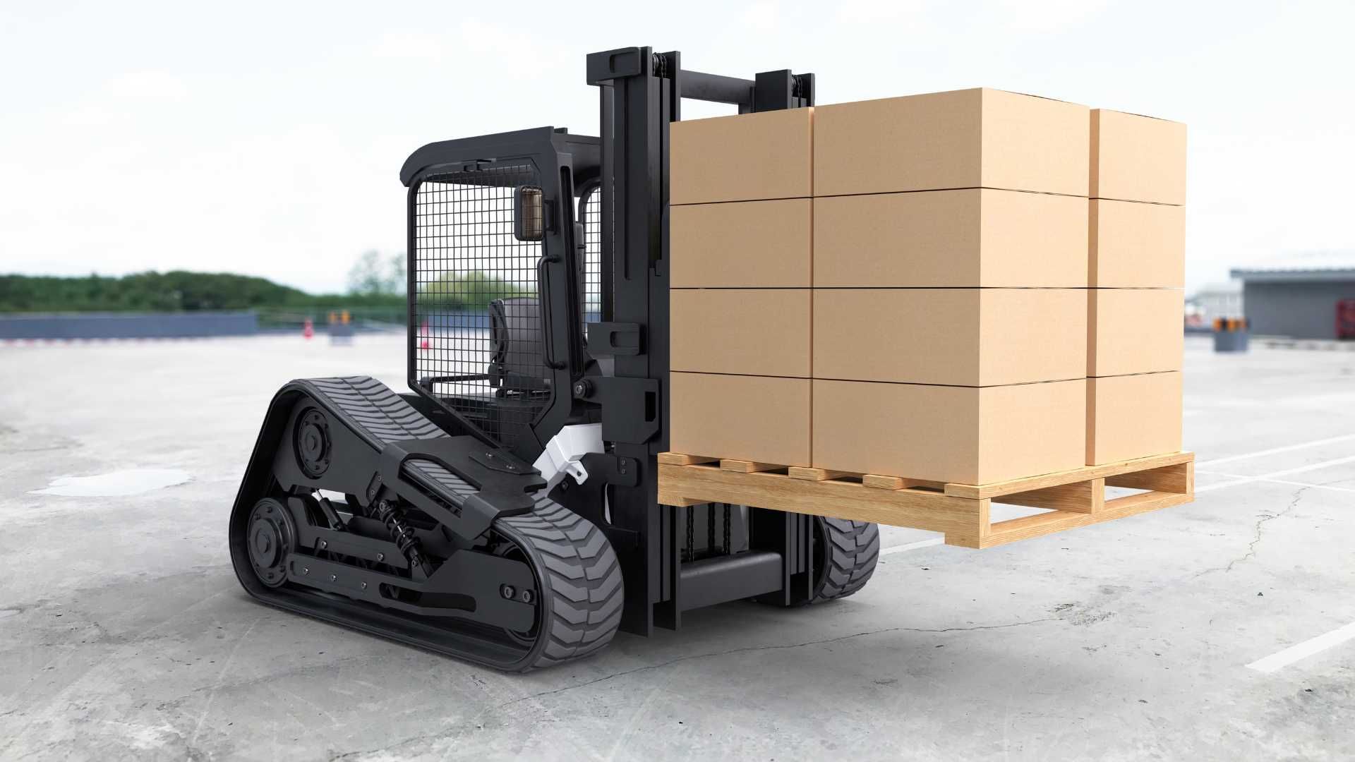 A forklift is carrying boxes on a wooden pallet.