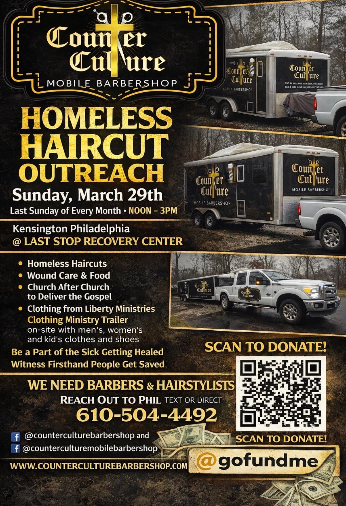Flyer for Counter Culture Mobile Barbershop's homeless outreach event in Kensington, Philadelphia, on March 29th.