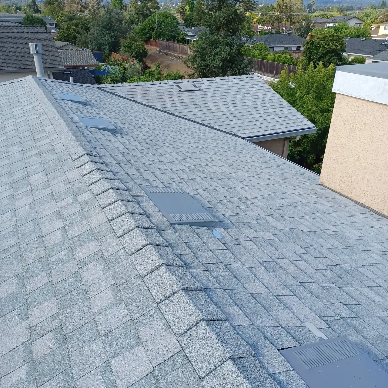 Gray asphalt shingle roof with skylights and a chimney, viewed from above.
