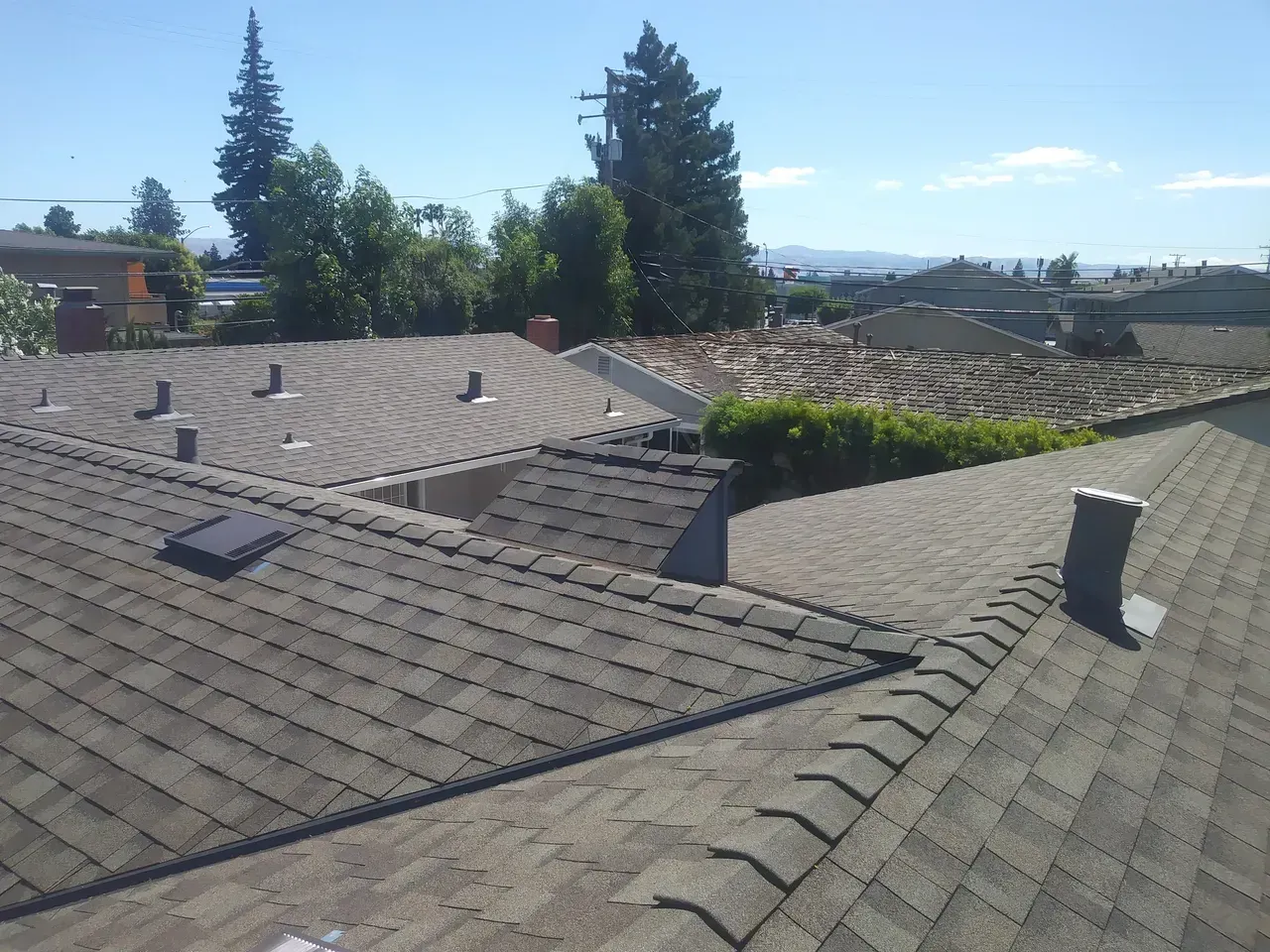 Roofs of several houses, varying shades of gray, with chimneys, vents, and trees under a clear sky.