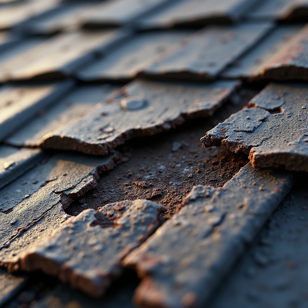 Close-up of weathered, gray roof tiles with visible damage and crumbling edges.