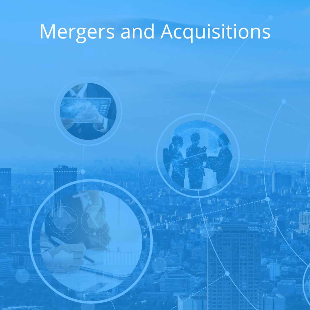 A blue background with the words mergers and acquisitions on it