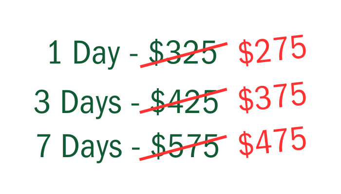 Pricing for 1, 3, and 7 days; original prices crossed out, sale prices in red.